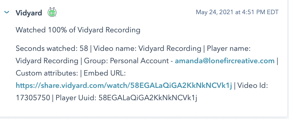 Hubspot Vidyard Contact Record