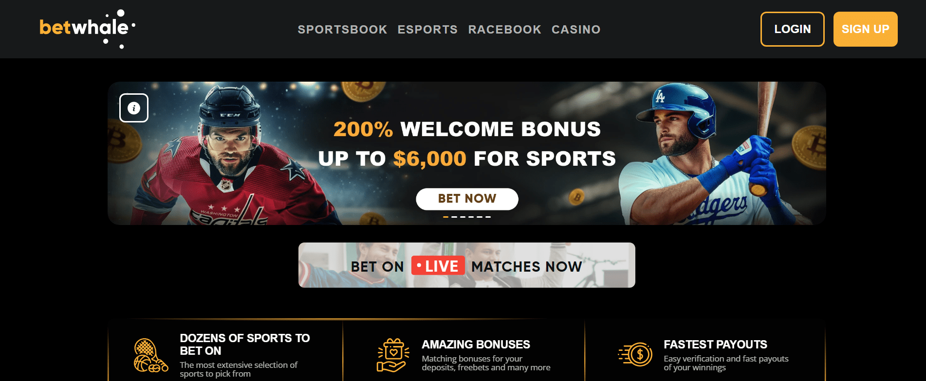Snapshot of Betwhale Casino live gaming homepage